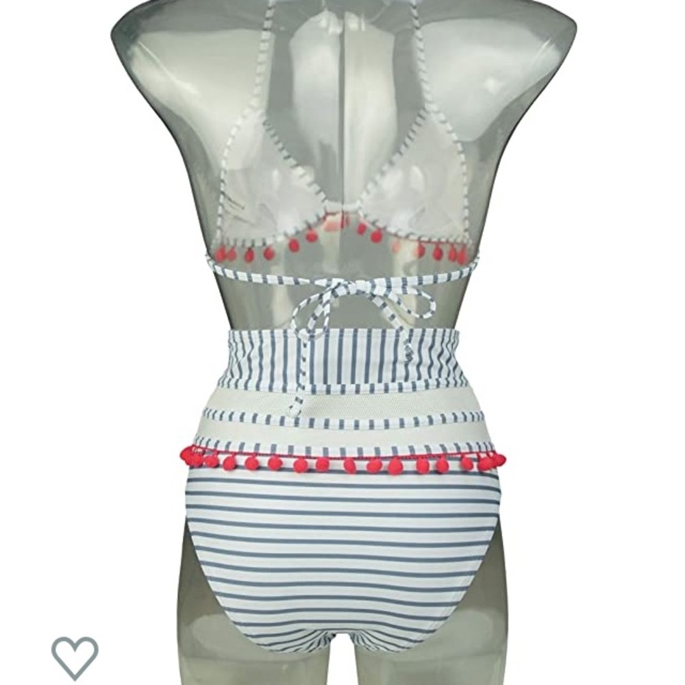 Cocoship Mesh Striped High Waist Bikini Set - Picture 2 of 4